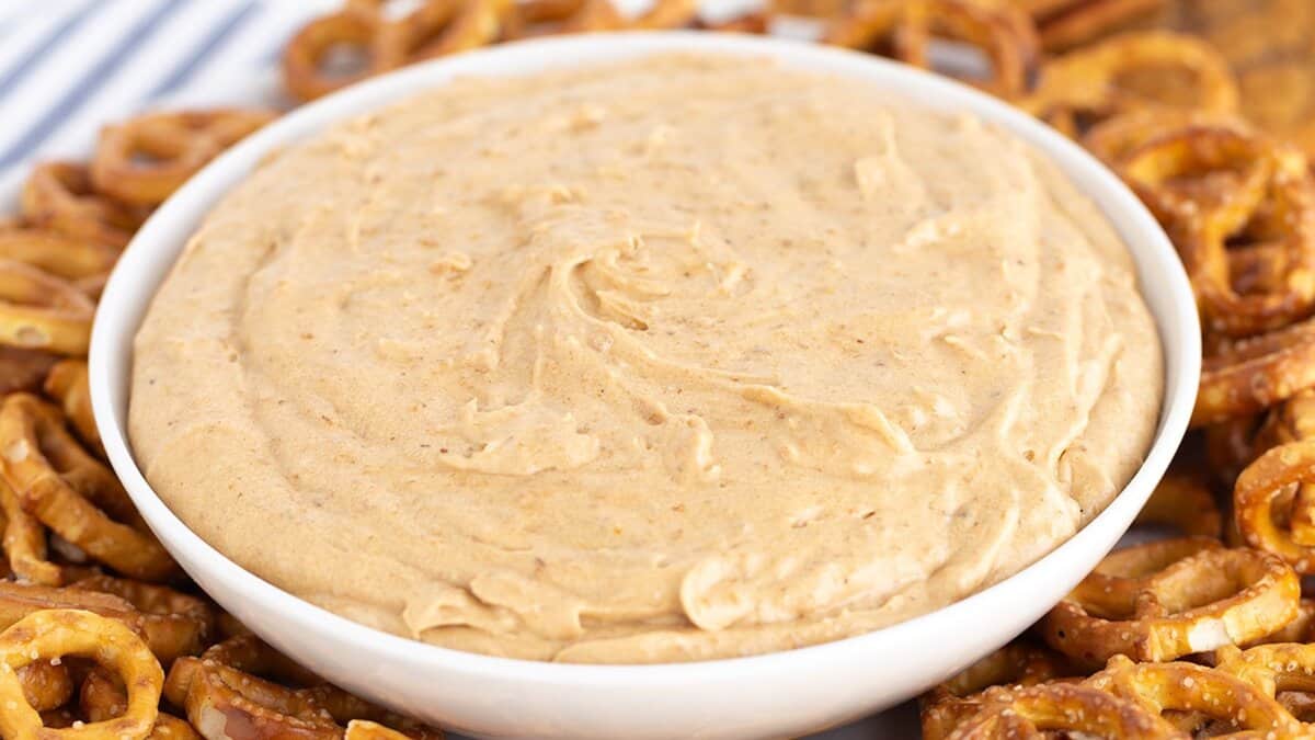 A white bowl filled with creamy dip, surrounded by hard pretzels—perfect for sharing alongside your favorite fall recipes.