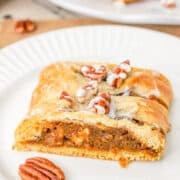 A slice of pecan braid pastry filled with a brown pecan mixture, topped with icing and whole pecans, on a white plate.