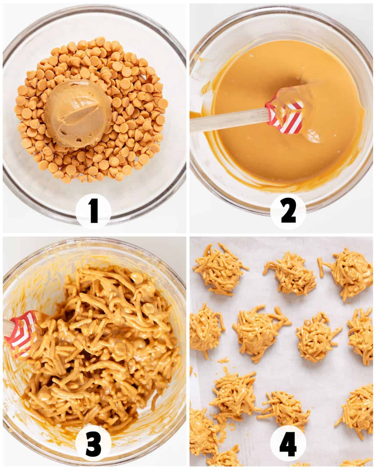 Four-step process for making Butterscotch Haystacks: mix butterscotch chips and peanut butter, melt and stir, combine with chow mein noodles, then form clusters on parchment paper.
