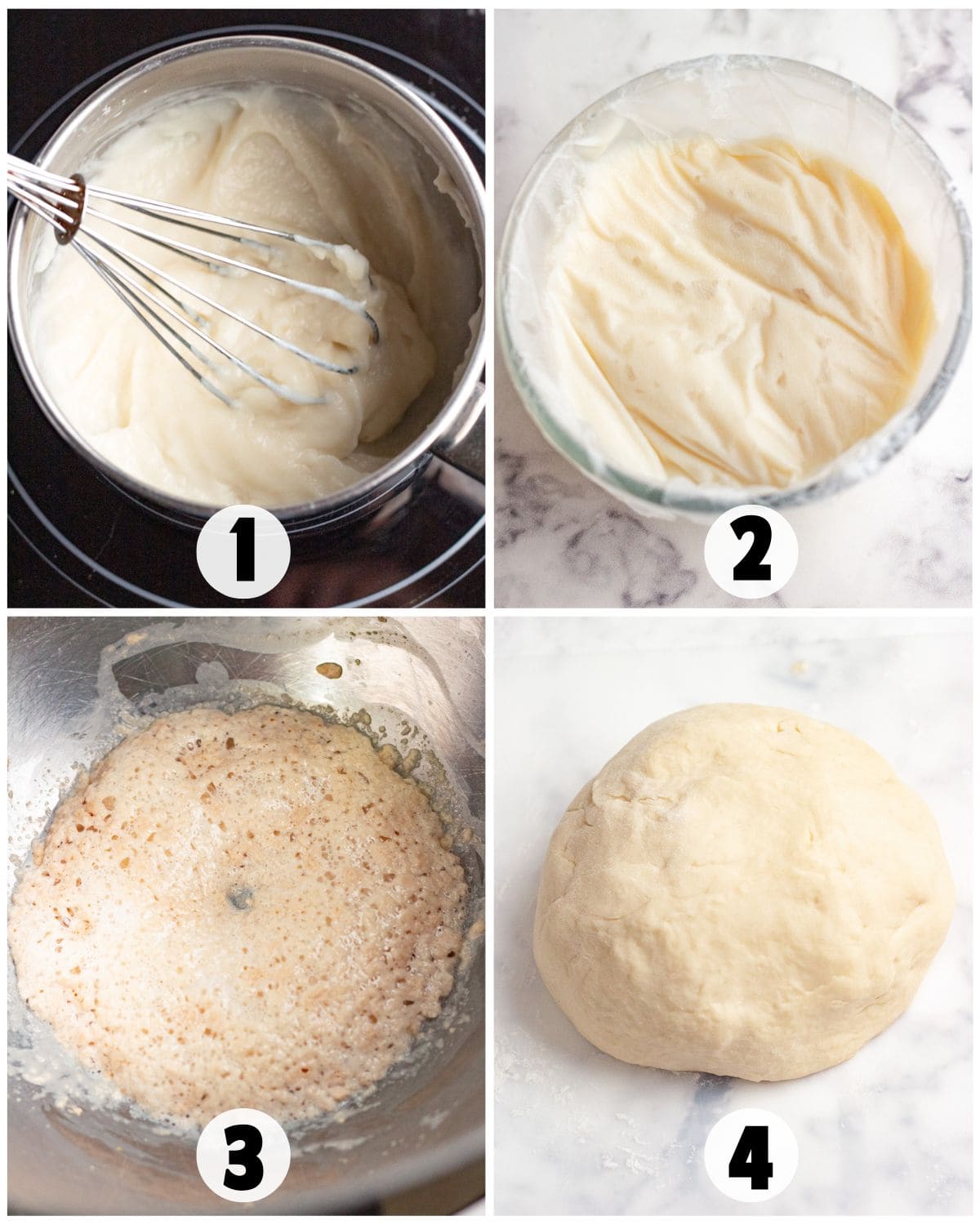 A four-step process of making Maple Cinnamon Rolls: whisking batter, thickened mixture in a glass bowl, foamy yeast mixture in a metal bowl, and a smooth ball of dough.