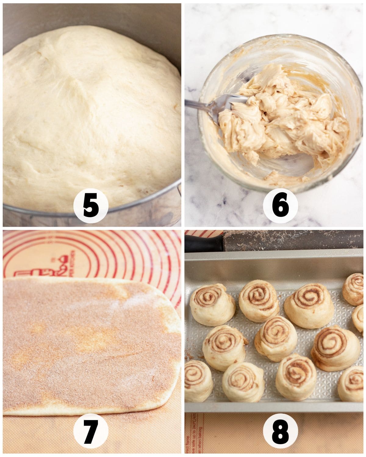 A four-step collage showing dough proofing (5), mixing Maple filling (6), dough rolled with sugar (7), and sliced Cinnamon Rolls in a baking pan (8).
