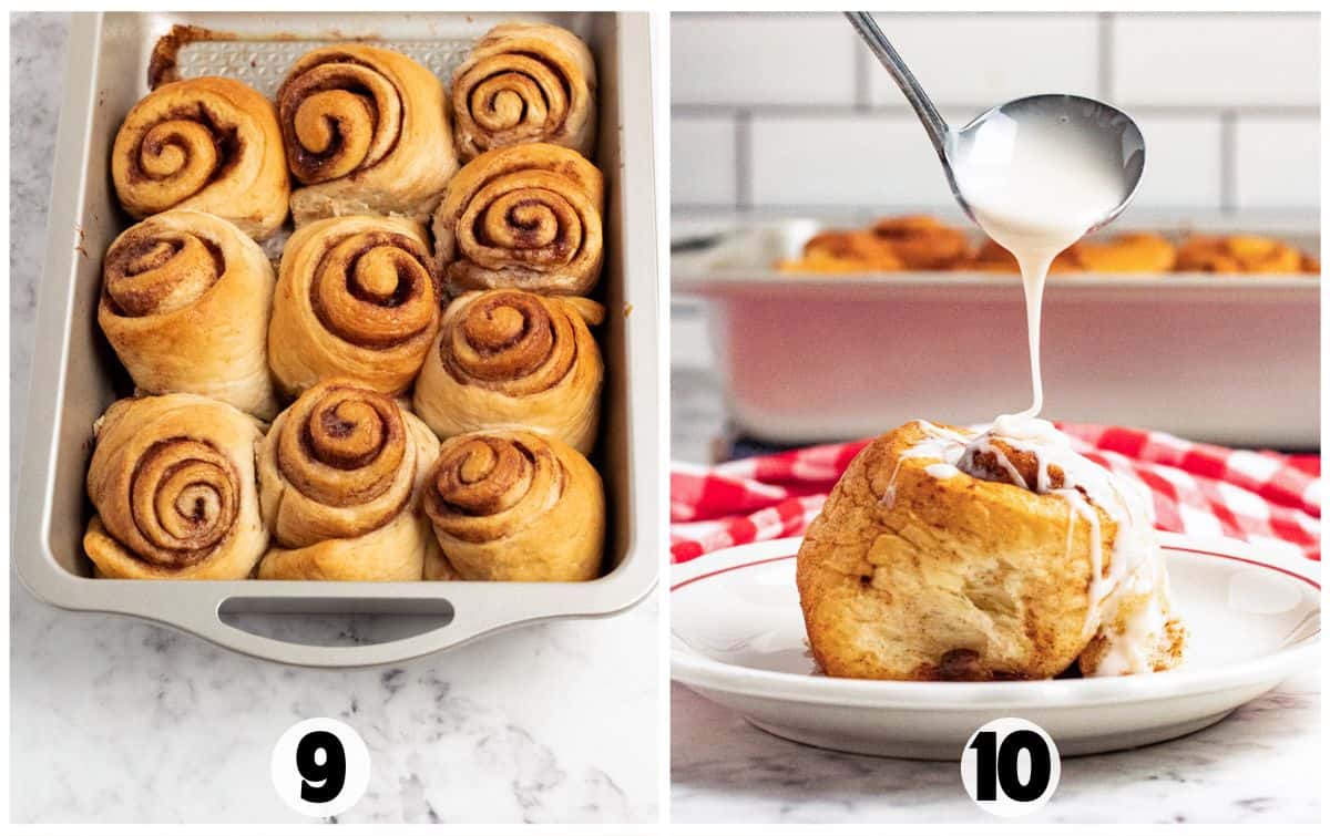 Image split in two: left side shows a tray of nine baked cinnamon rolls, right side shows one maple cinnamon roll on a plate being drizzled with icing. Numbers 9 and 10 are overlaid at the bottom of each side.