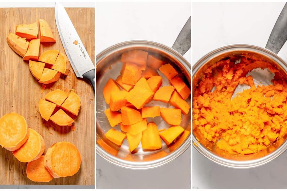 Three-panel image showing sweet potatoes being chopped on a cutting board, boiled in a pot, and then mashed in the same pot—perfect steps for making a delicious Sweet Potato Cake.