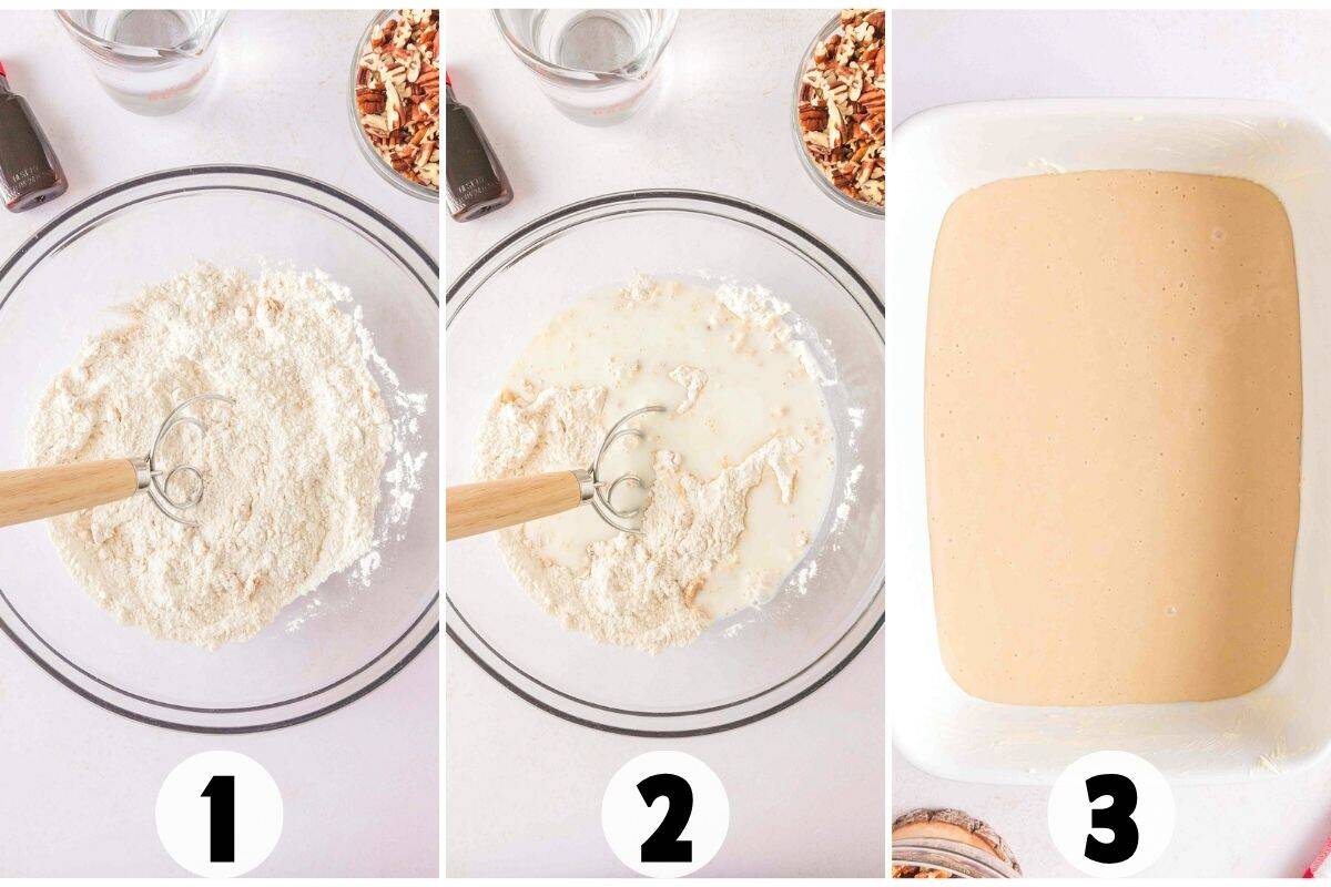 Three-step process of making Southern Dessert batter: flour mixture in a bowl (step 1), adding liquid ingredients (step 2), and smooth batter poured into a baking dish (step 3)—perfect for a classic Pecan Cobbler.