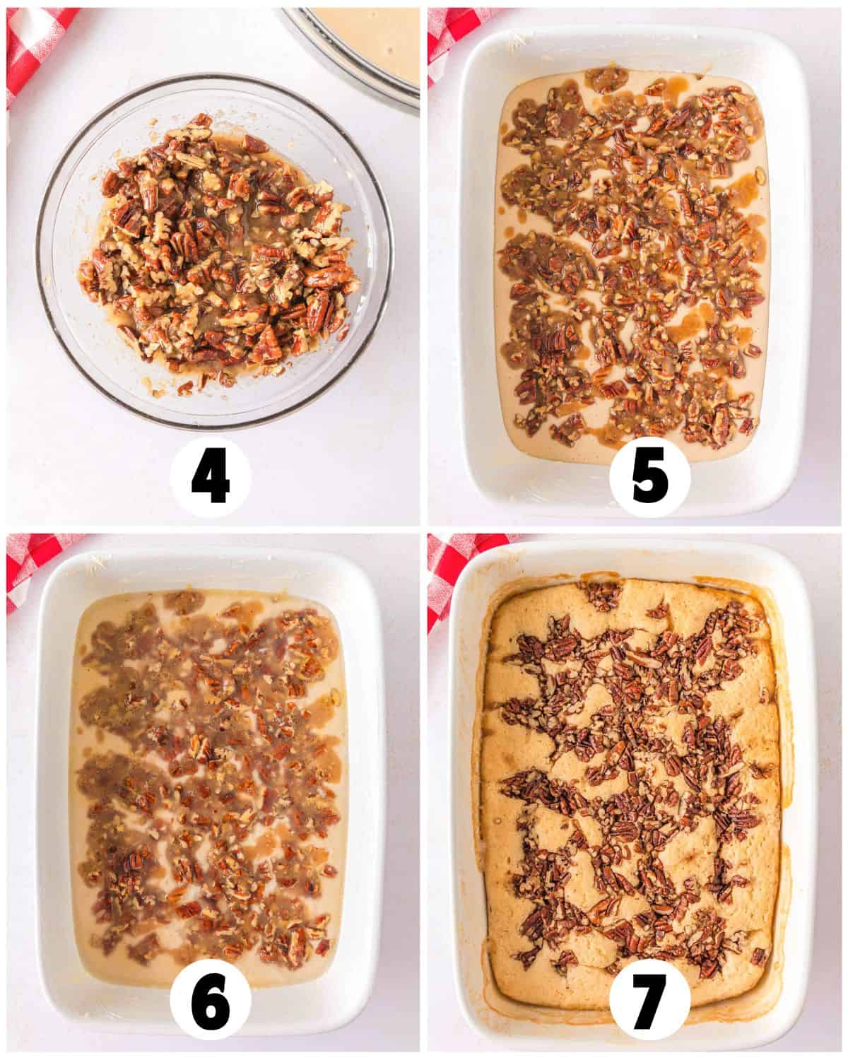 Four-step collage showing the process of adding a pecan mixture to cake batter in a baking dish and the resulting baked Pecan Cobbler with pecans on top, numbered 4 to 7—a delicious addition to your favorite pecan recipes or dessert list.