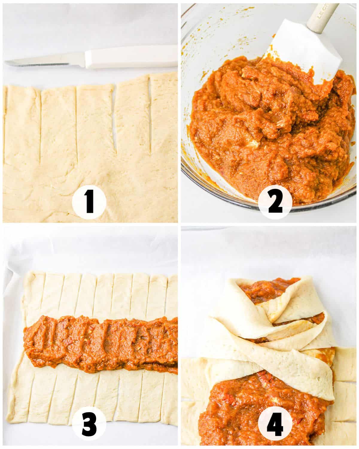 Four-step Crescent Roll Braid process: 1. Crescent dough with slits; 2. Bowl of pumpkin filling with spatula; 3. Filling spread on dough; 4. Dough folded over filling in a braid pattern, ready for baking.