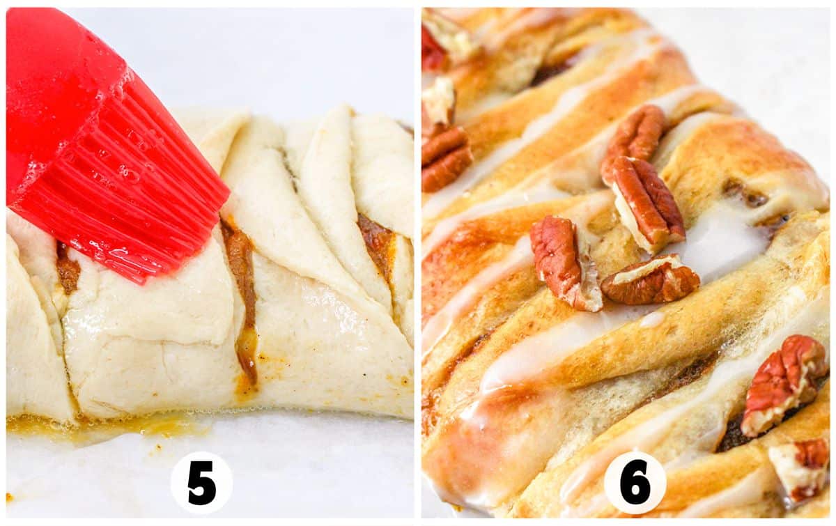 Two-step baking process: Image 5 shows Pumpkin Crescent Roll Braid dough being brushed with liquid; Image 6 displays the baked pastry topped with icing and pecans.