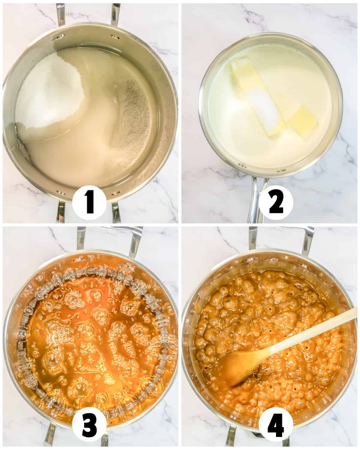 Collage of four images showing steps to make caramel candy: sugar melting in pan, butter melting in second pan, caramel bubbling, caramel thickening with a wooden spoon—a perfect guide for gourmet sweets or classic salted caramels.