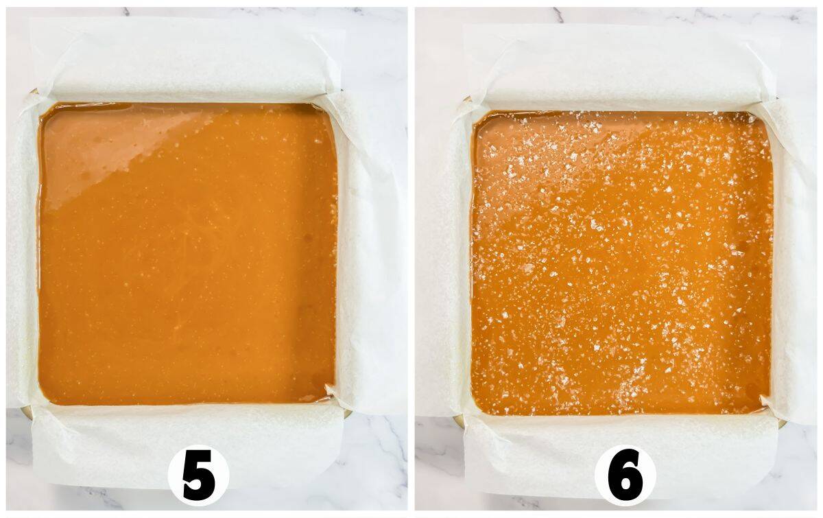 Side-by-side images display a square pan of caramel; the left shows plain caramel, while the right features Salted Caramels sprinkled with sea salt. Both pans are lined with parchment paper and labeled 5 and 6.