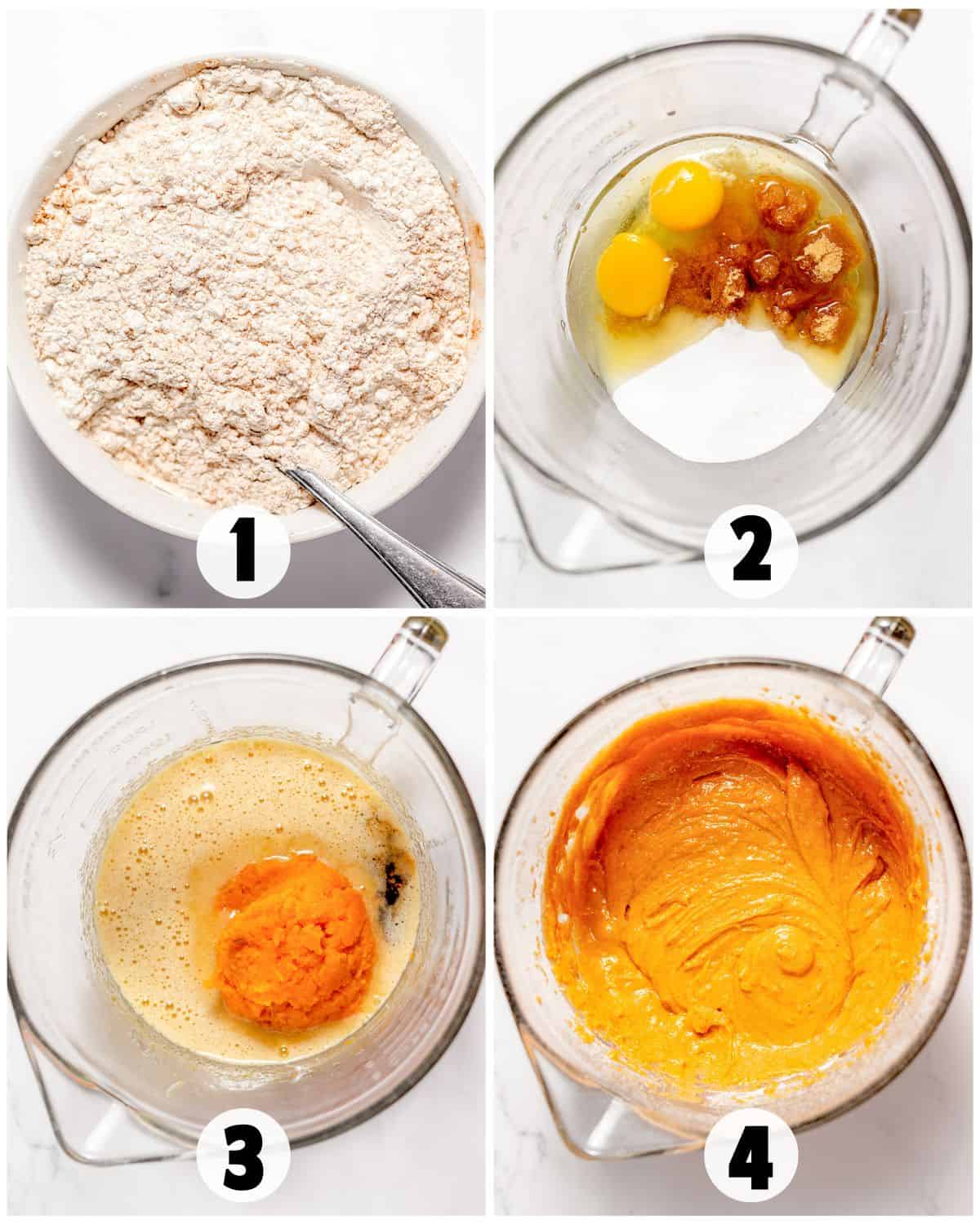 Four numbered steps for making Sweet Potato Cake batter: 1) dry ingredients in a bowl, 2) wet ingredients with eggs in a bowl, 3) wet mixture with pumpkin puree added, 4) smooth orange batter in a bowl.