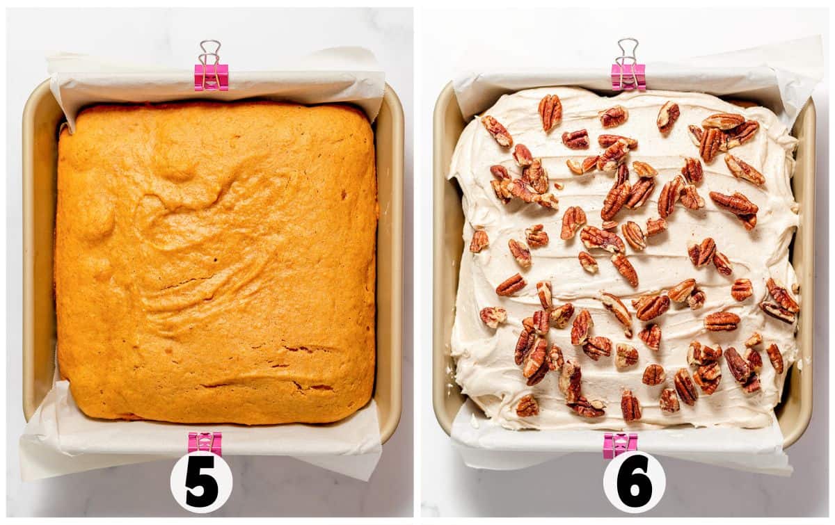 Side-by-side images: the left shows a plain Sweet Potato Cake in a pan; the right shows the same cake frosted and topped with pecans. Both pans are lined with parchment paper.