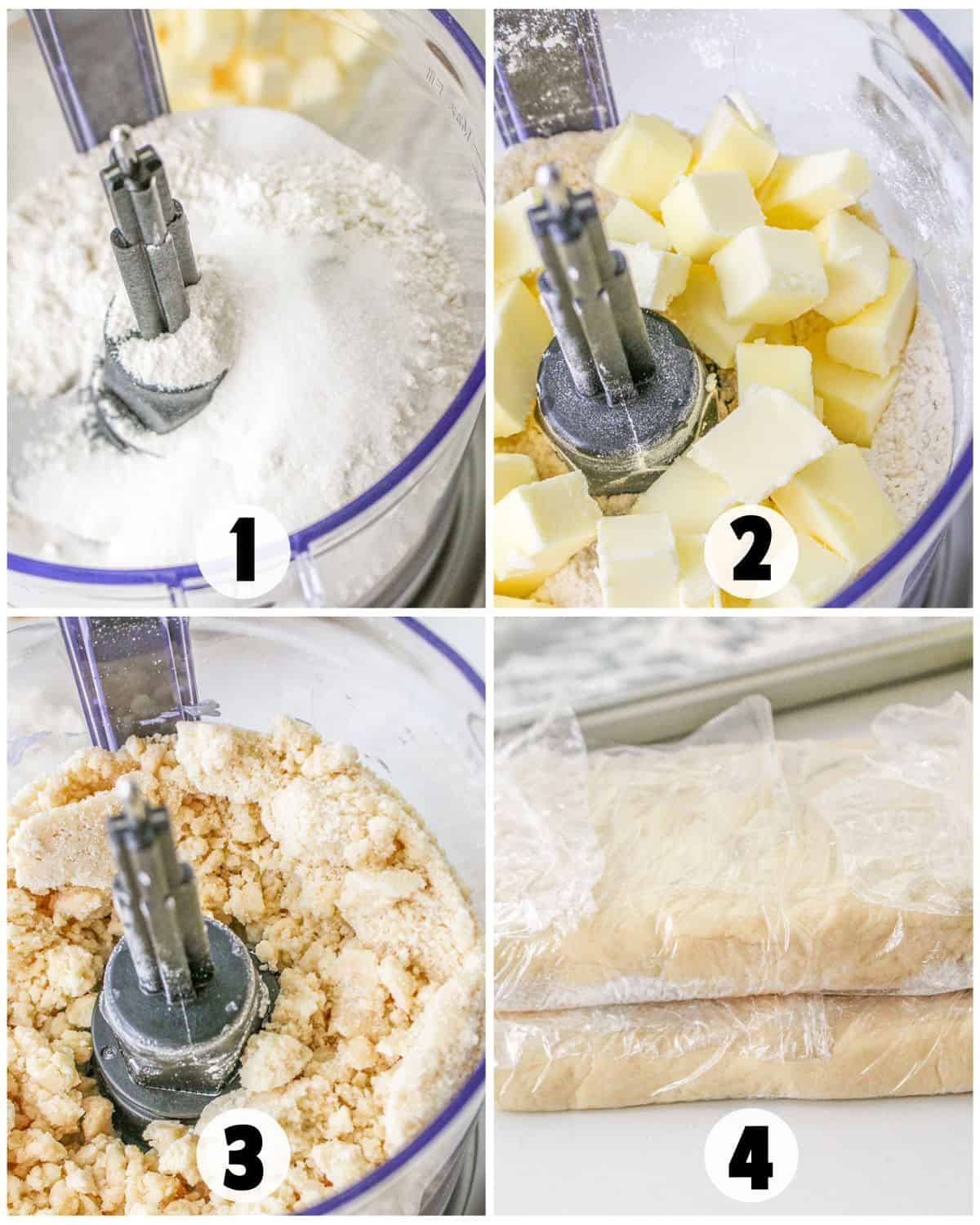 Four-step process for pastry dough: 1. Combine flour and sugar in a food processor, 2. Add butter, 3. Blend to crumbs, 4. Wrap dough in plastic and stack—perfect for making delicious Apple Pie Bars.