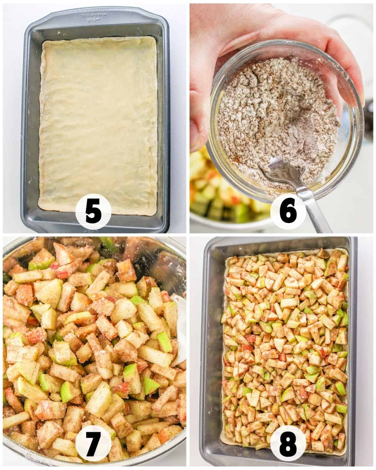 Step-by-step collage: dough pressed in a pan (5), mixing dry ingredients in a bowl (6), sliced apples coated with mixture in a bowl (7), and apples spread over dough for delicious Apple Pie Bars (8).