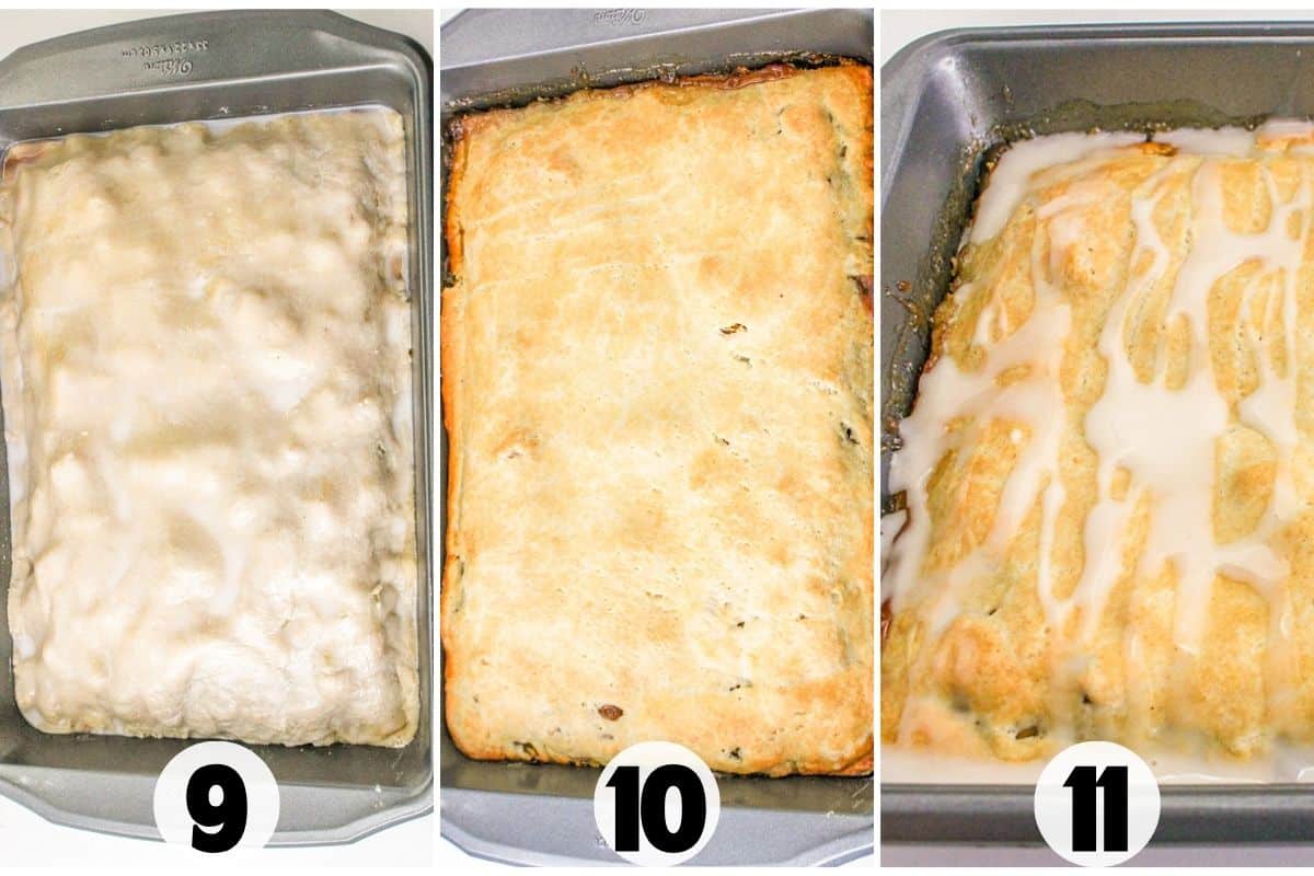 Three side-by-side images show Apple Pie Bars in a metal pan at three stages: unbaked dough, fully baked, and finished with a drizzle of glaze. Each stage is labeled 9, 10, and 11.