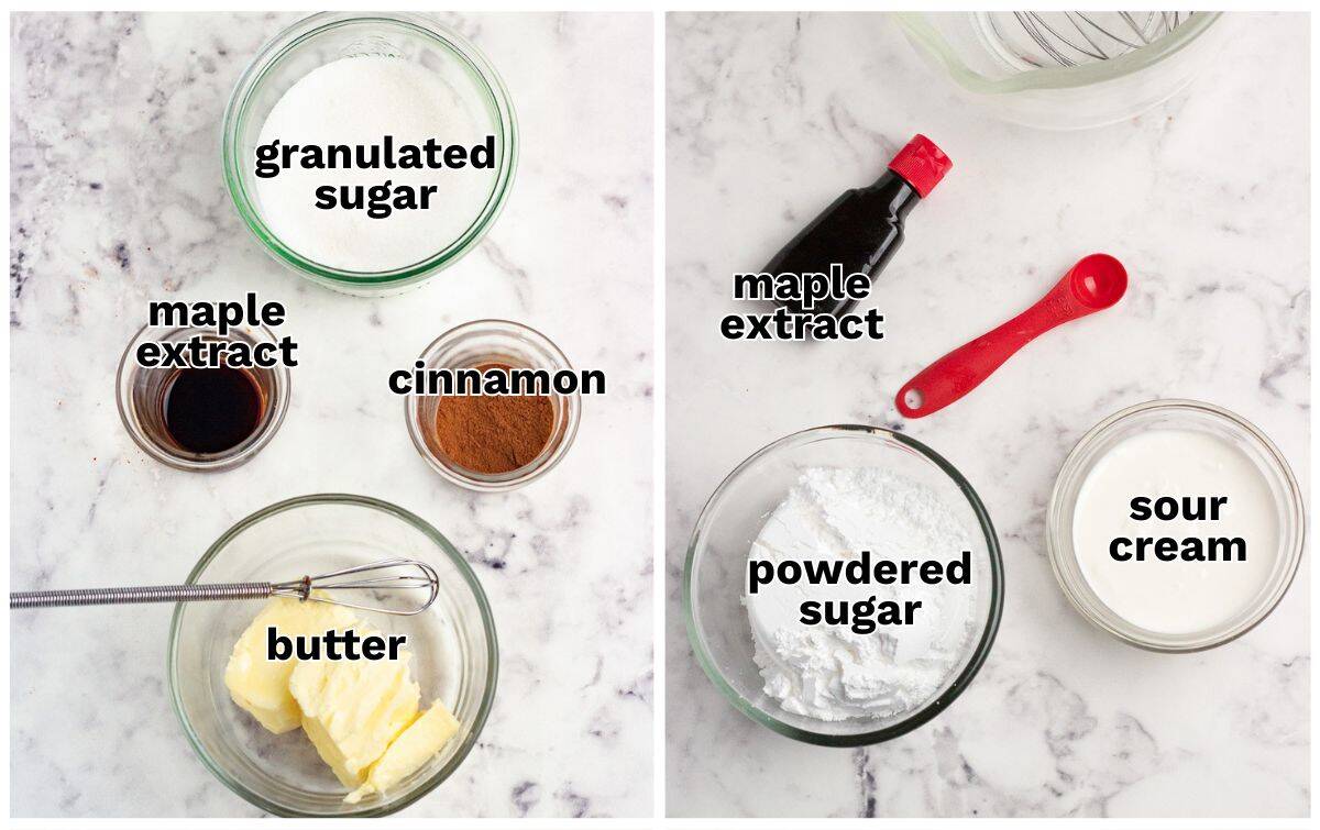 Two groups of baking ingredients for Maple Cinnamon Rolls on a marble counter: granulated sugar, maple extract, cinnamon, and butter on the left; maple extract, powdered sugar, and sour cream on the right.