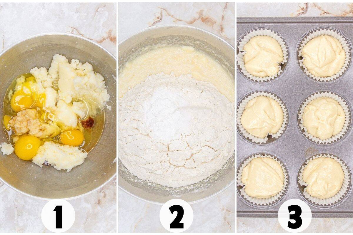 Three-step collage: ingredients in a mixing bowl, mixed batter with flour on top, and Christmas Tree Cupcake batter portioned into a lined muffin tray for festive cupcakes inspired by Little Debbie treats.