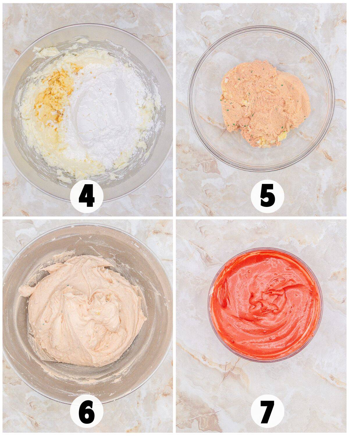 Four bowls with numbered steps 4 to 7, showing the mixing process for Little Debbie Christmas Tree Cupcakes—the mixtures change from white to brown, then light pink, and finally bright red.