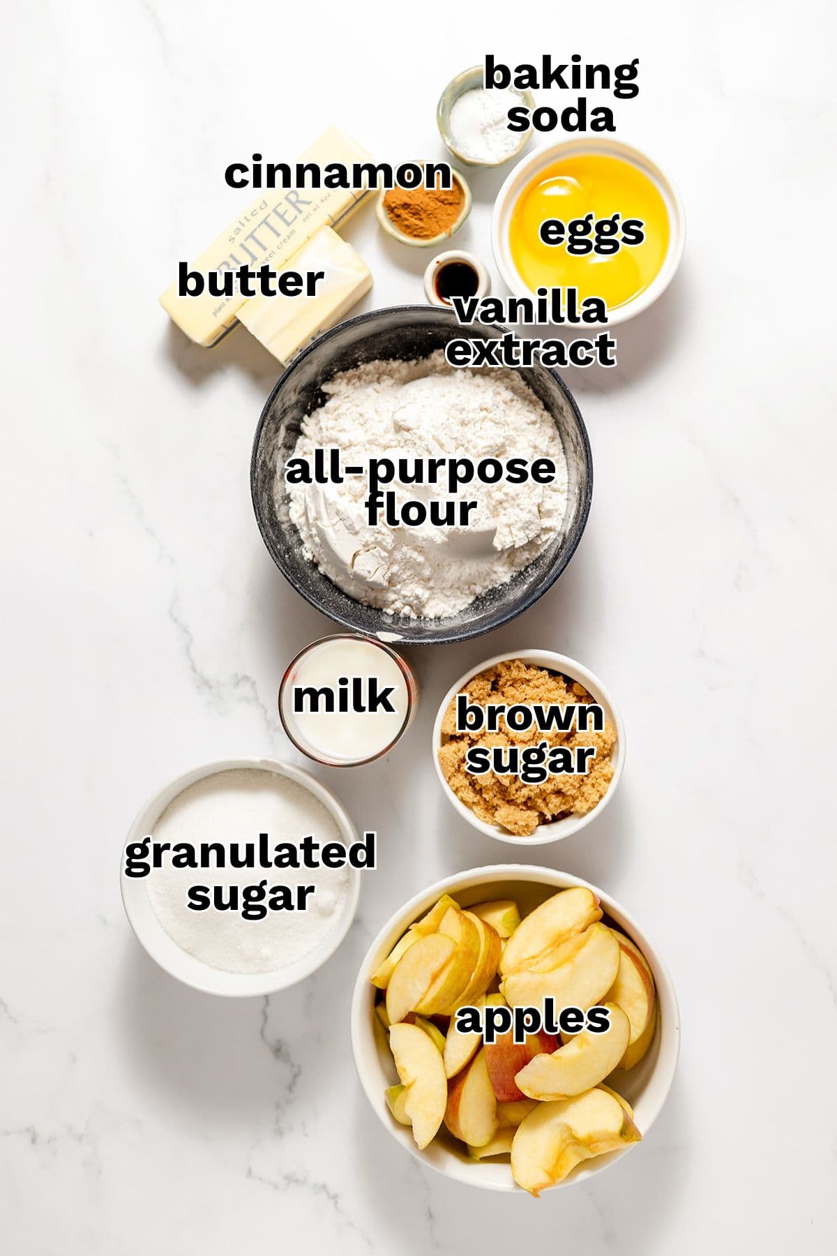 Labeled ingredients for baking an Apple Upside Down Cake: cinnamon, baking soda, butter, eggs, vanilla extract, all-purpose flour, milk, brown sugar, granulated sugar, and sliced apples on a white surface.