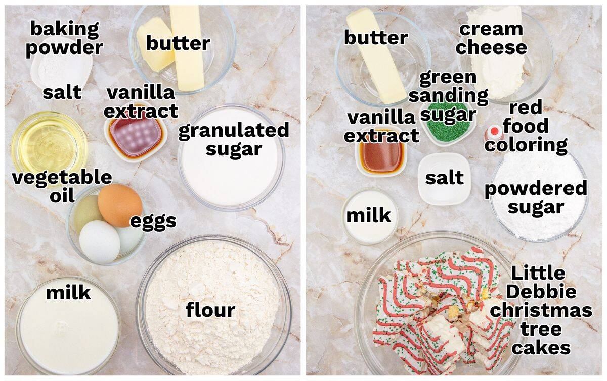 Two sets of baking ingredients are arranged in bowls and plates on a marble surface, each labeled with items like butter, eggs, flour, sugar, milk, and festive treats such as Little Debbie Christmas Tree Cupcakes.