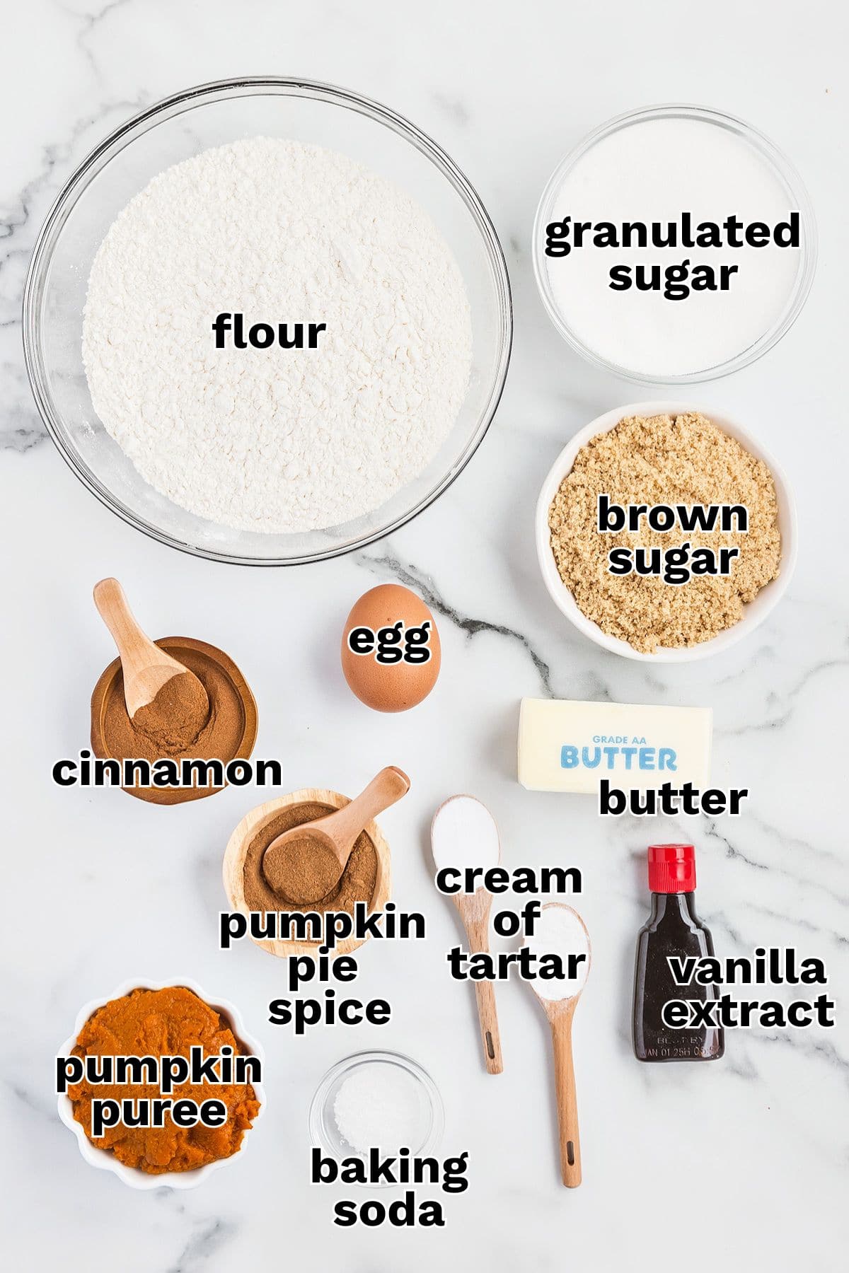 Top-down view of labeled baking ingredients for Pumpkin Snickerdoodles, including flour, sugars, egg, butter, cinnamon, pumpkin pie spice, pumpkin puree, baking soda, cream of tartar, and vanilla extract. Perfect for any Pumpkin Cookies or Snickerdoodle recipe!.