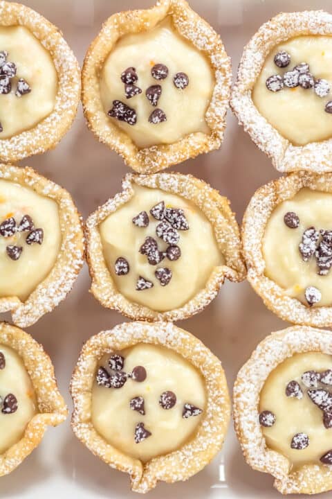 Nine Mini Cannoli Cups filled with creamy custard, topped with mini chocolate chips, and dusted with powdered sugar, arranged neatly on a white tray.