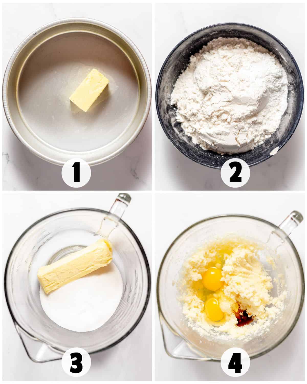 Four steps for baking Apple Upside Down Cake: 1) Butter in a greased cake pan, 2) Flour mixture in a bowl, 3) Butter and sugar in a mixer, 4) Eggs and vanilla added to creamed butter and sugar.