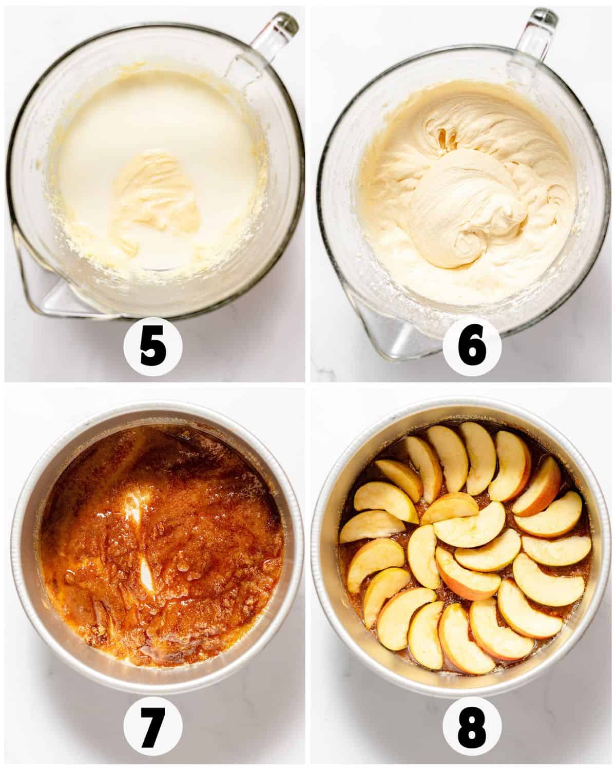 Four-step collage for Apple Upside Down Cake: cake batter being mixed (steps 5 and 6), topped with caramel sauce (step 7), then finished with sliced apples in a pan (step 8).