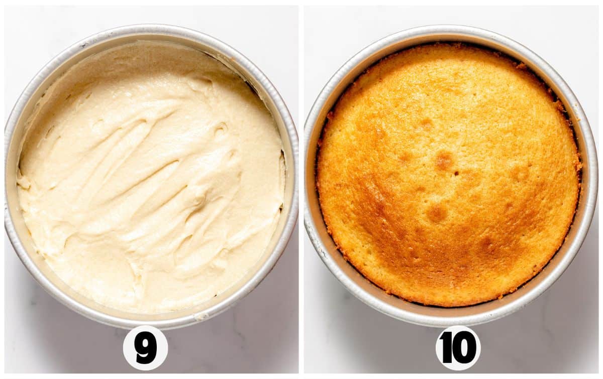 Side-by-side images showing a cake pan with raw Apple Upside Down Cake batter labeled "9" on the left, and the same pan with a baked golden cake labeled "10" on the right.