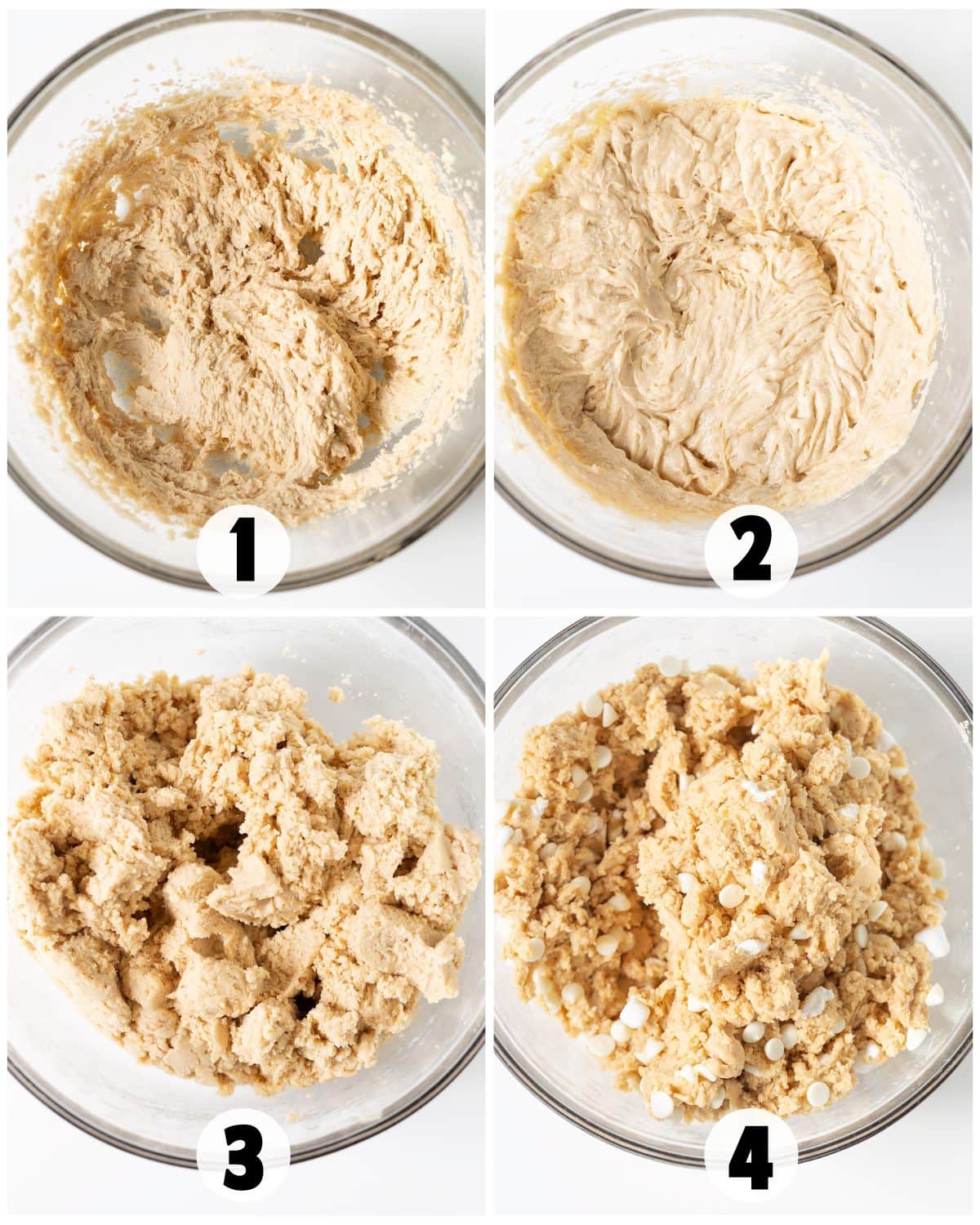 Four stages of banana pudding cookies dough mixing in glass bowls, numbered 1 to 4, showing progression from creamed ingredients to fully mixed dough with white chocolate chips added.