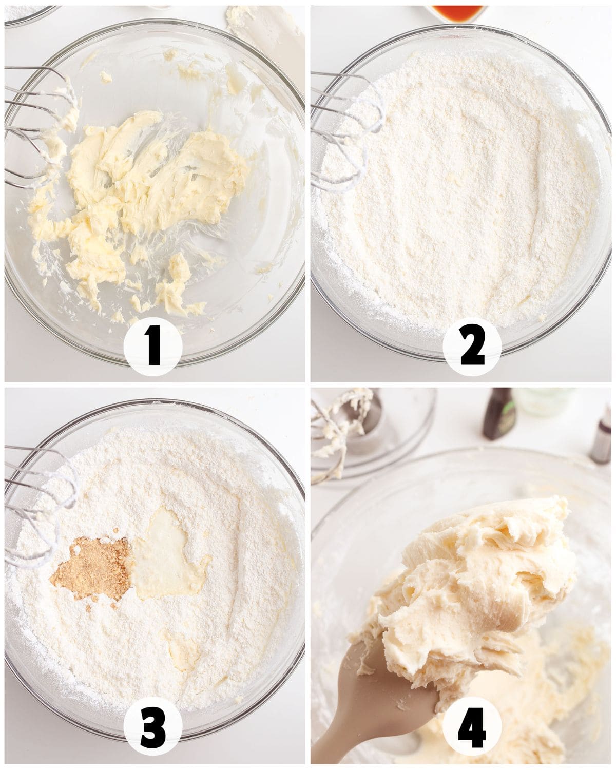 Four-step process of mixing ingredients in a clear bowl: creamed butter, added dry ingredients, liquid and spices, then mixed together with a spatula for perfect Homemade Butter Mints.
