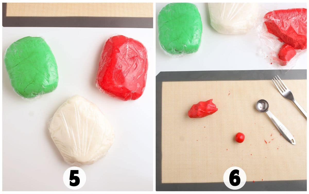 Three balls of green, red, and white dough for homemade butter mints are wrapped in plastic on the left; on the right, dough is being shaped with utensils on a mat.