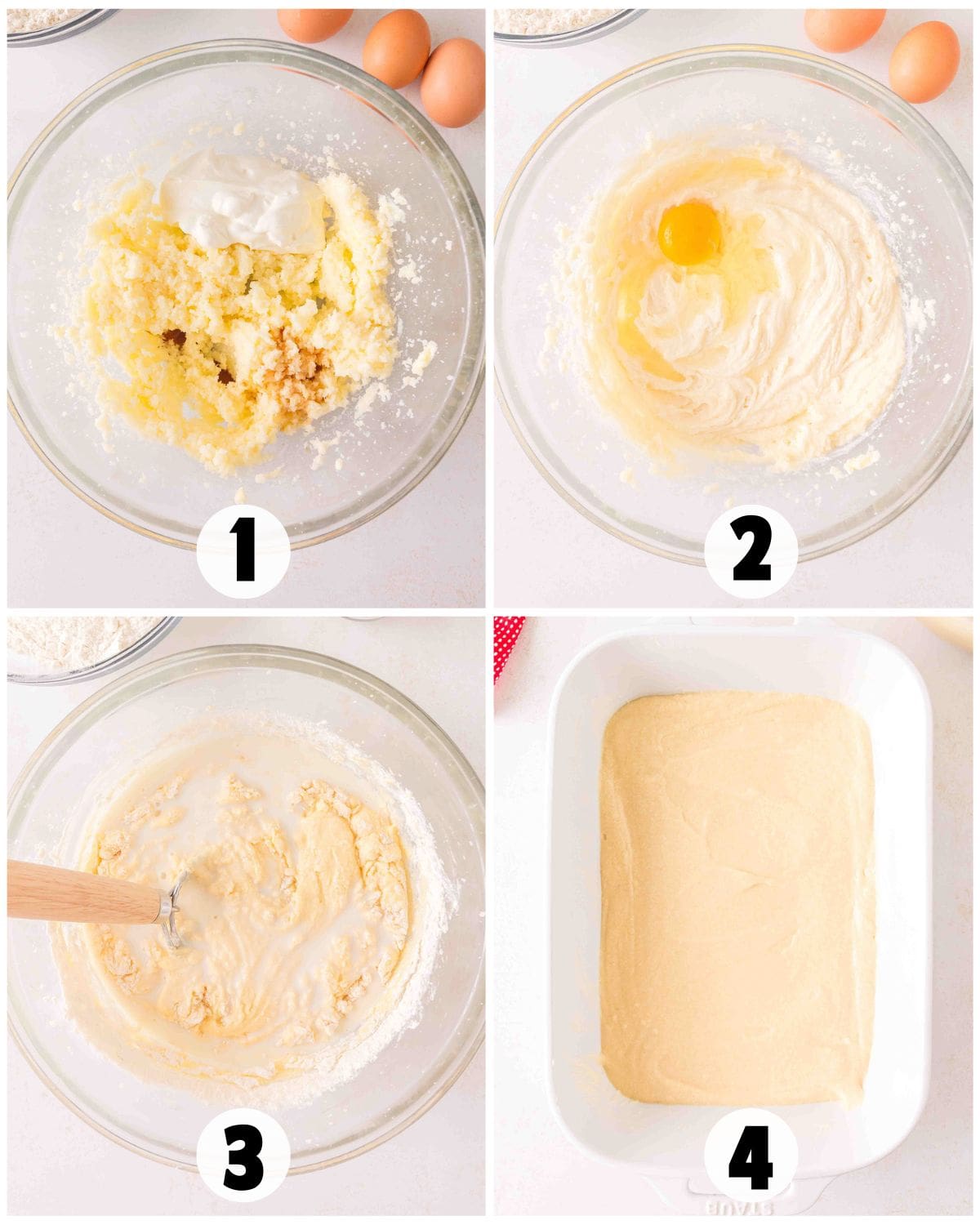 Four-step collage showing Honey Bun Cake batter being mixed in a bowl: creamed mixture, an egg added, flour mixed in, and batter spread in a baking dish.