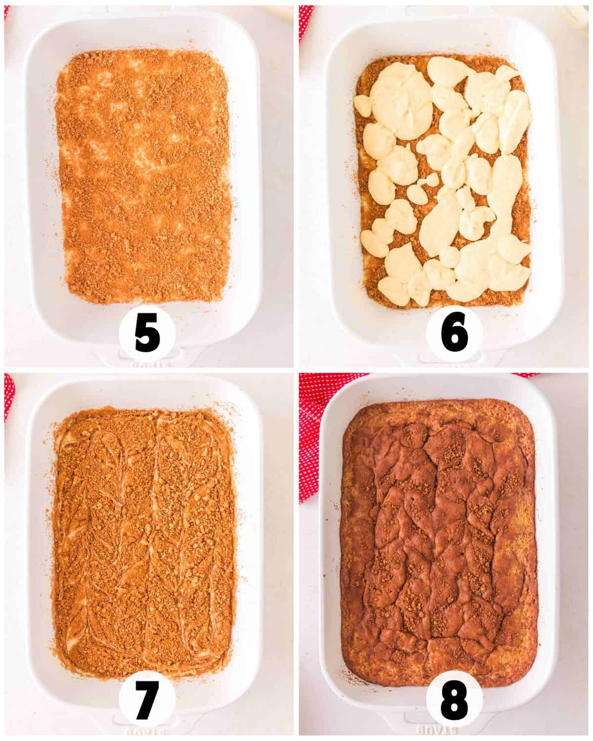 Four-step collage showing Honey Bun Cake preparation: step 5 has a crumb layer, step 6 features batter dollops, step 7 shows batter spread evenly, and step 8 reveals the baked final result.