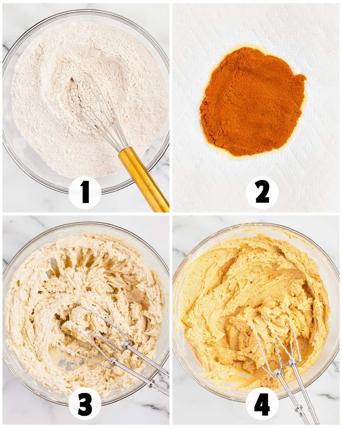 Four-step collage showing: 1) flour mixture with a whisk, 2) pile of ground cinnamon, 3) creamed butter and sugar, and 4) combined wet and dry ingredients in a glass bowl—perfect steps for Pumpkin Snickerdoodles.