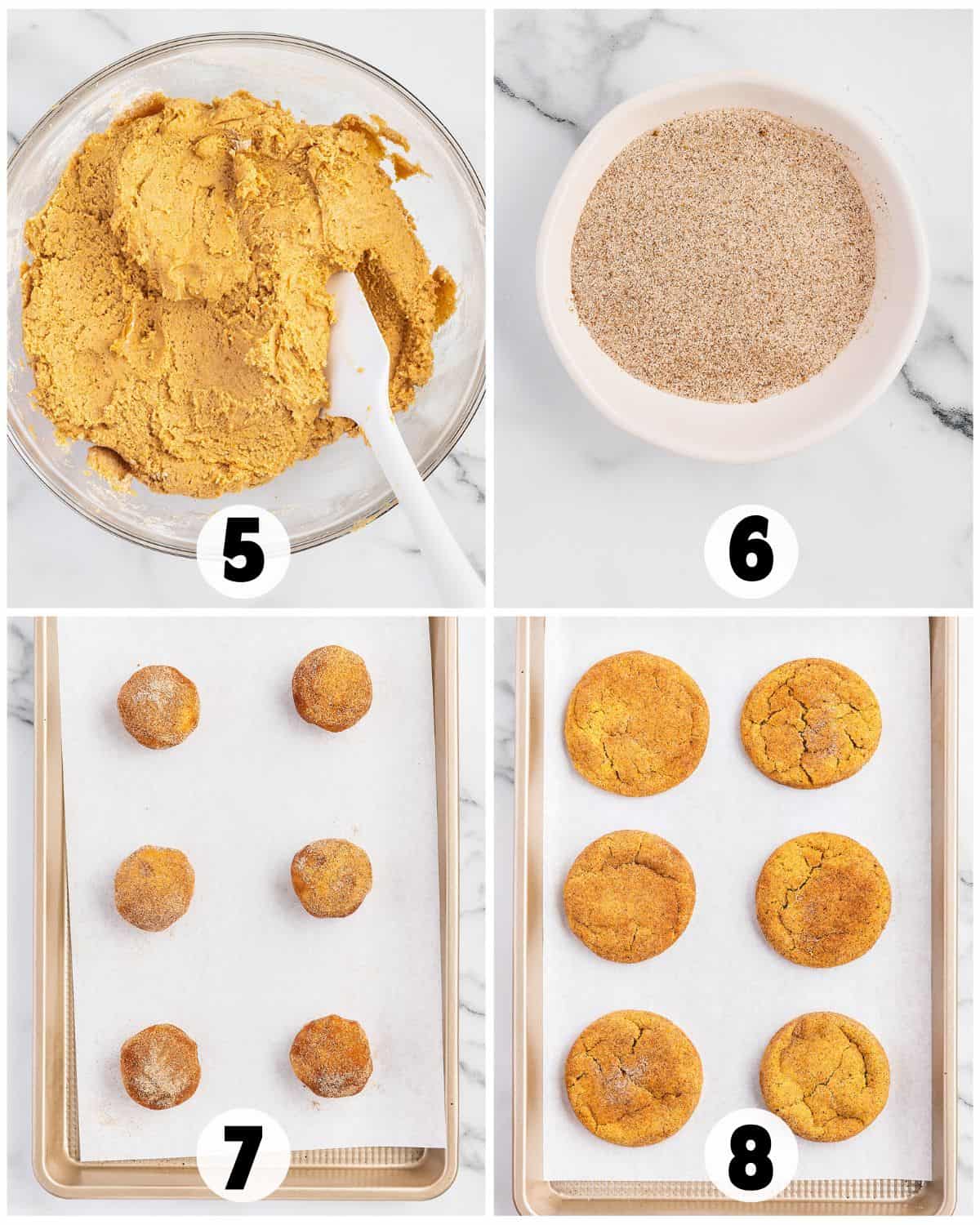 Four images show: 5. cookie dough for Pumpkin Snickerdoodles in a bowl with a spatula, 6. cinnamon sugar in a bowl, 7. dough balls coated with sugar on a tray, 8. baked Pumpkin Cookies on a tray.