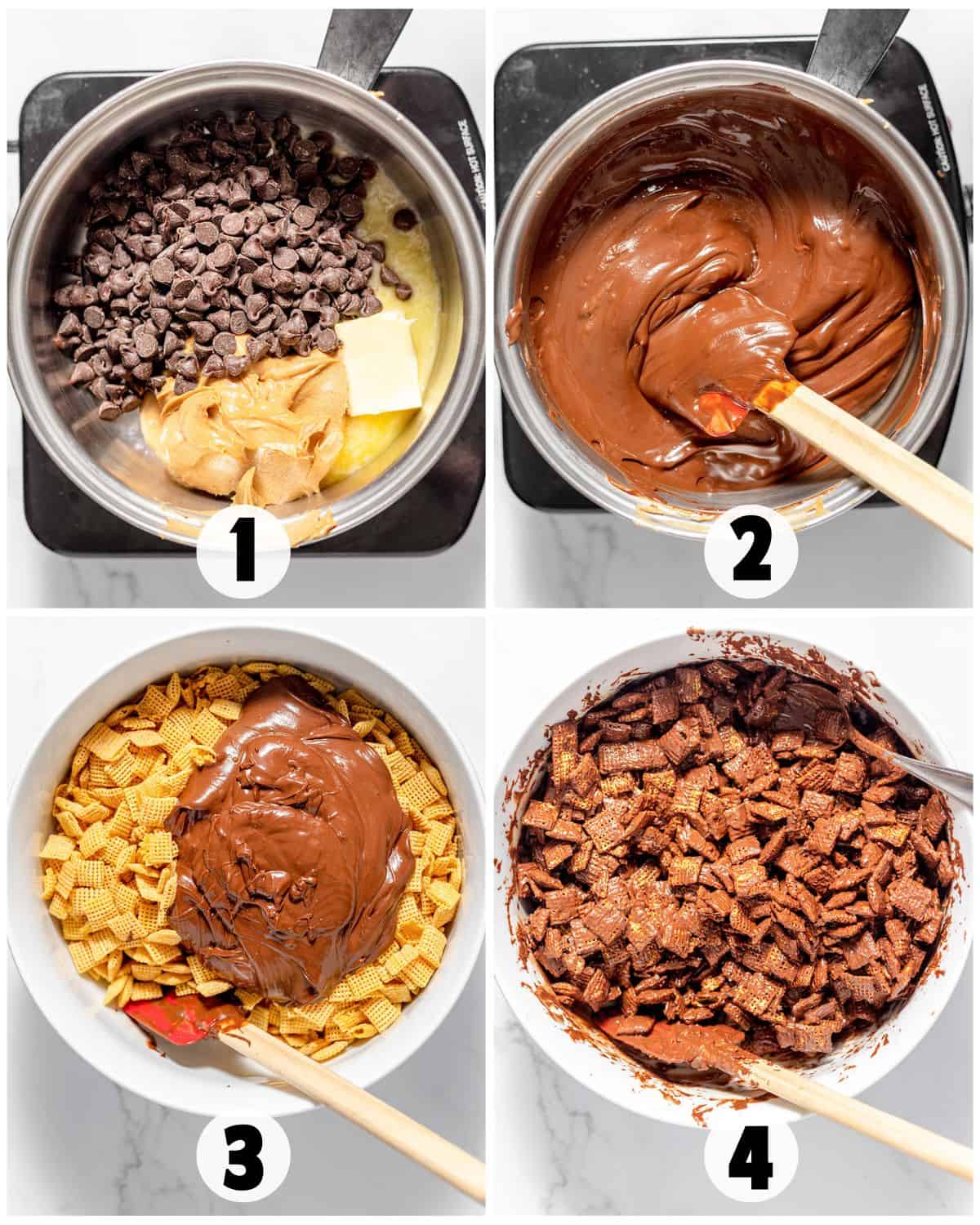 Step-by-step process of making Christmas Puppy Chow: melting chocolate, butter, and peanut butter; stirring to combine; pouring over cereal; and mixing to coat the cereal for a delicious Christmas snack.