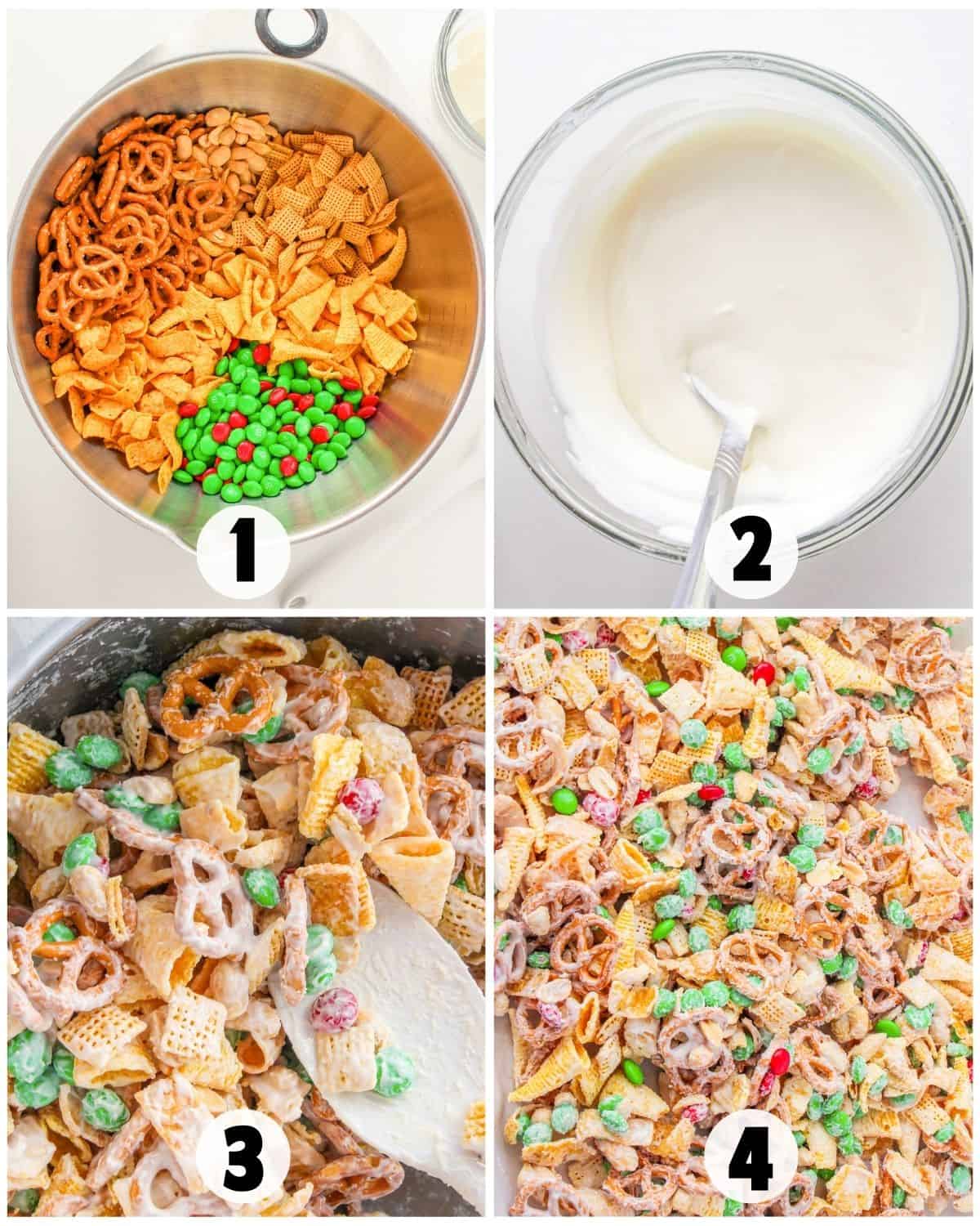 Four-step collage showing: 1) Christmas Snack Mix with pretzels, cereal, and festive red and green candies in a bowl, 2) melted white coating in a bowl, 3) mixing snack mix with coating, 4) finished coated Christmas White Trash Recipe.