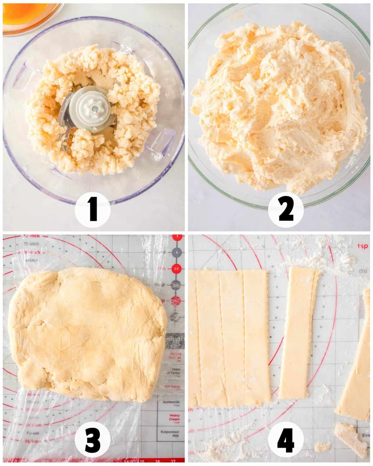 Four-step process showing Lady Locks dough in a food processor, creamed mixture in a bowl, dough wrapped in plastic, and dough rolled out and cut into strips on a pastry mat.