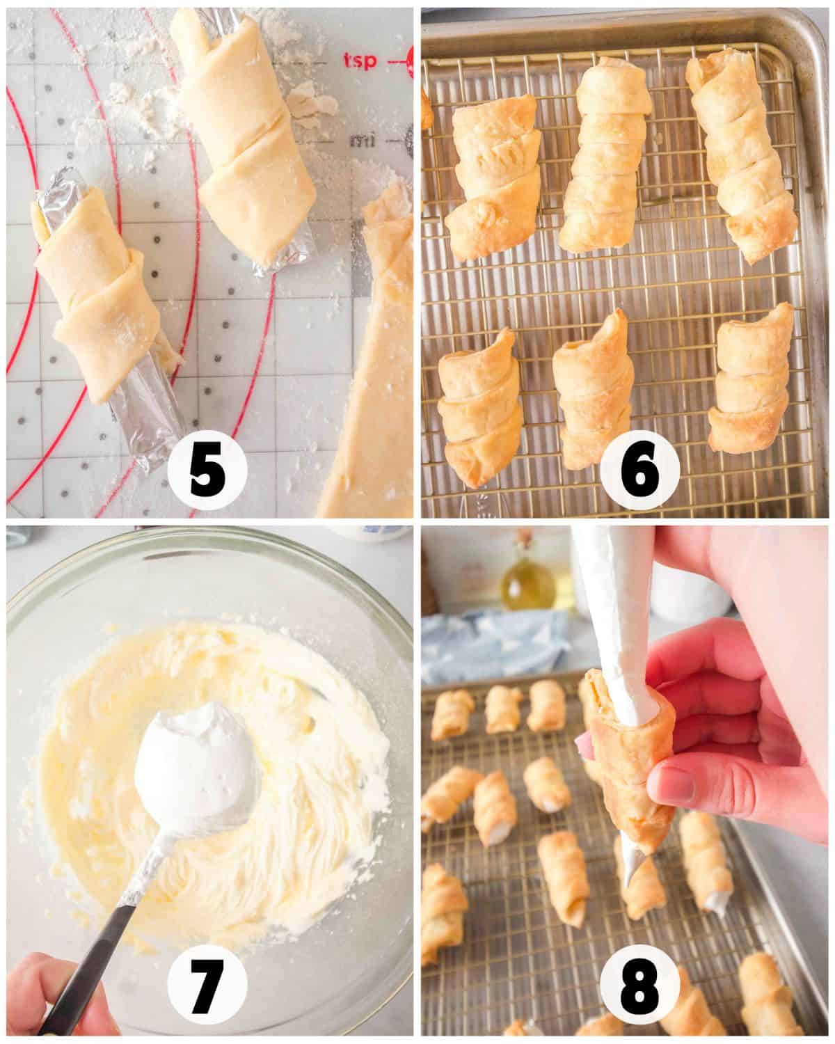 Step-by-step process of making Lady Locks: wrapping dough, baking, mixing cream filling, and piping filling into baked pastries—just like traditional Clothespin Cookies—numbered 5 to 8.