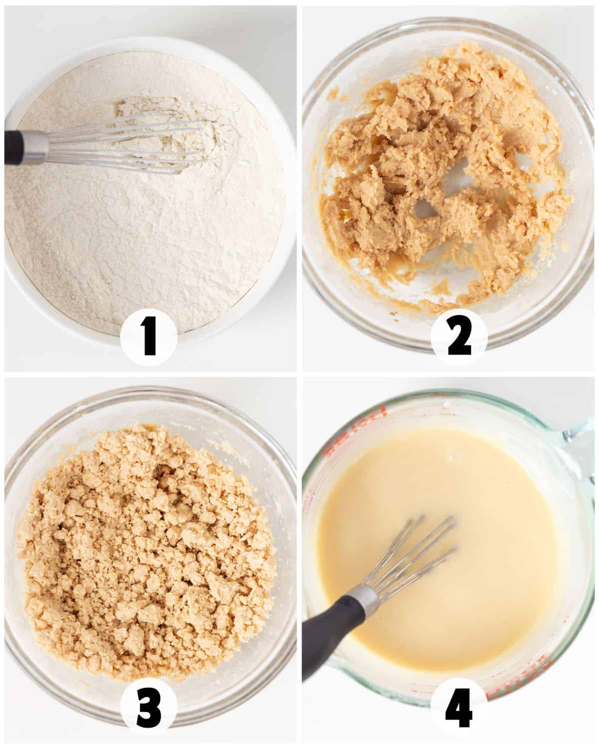 Four steps showing Cookie Dough Fudge preparation: 1. Mixing dry ingredients, 2. Creaming butter and sugar, 3. Blending into a crumbly mixture, 4. Whisking melted butter mixture in a glass bowl.