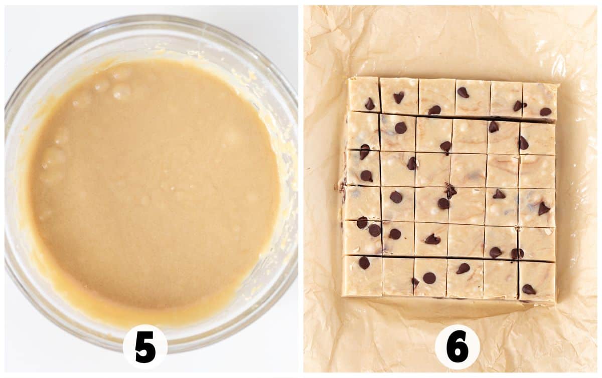 Step 5: Bowl of smooth tan cookie dough fudge batter. Step 6: Sliced square bars with chocolate chips on parchment paper.