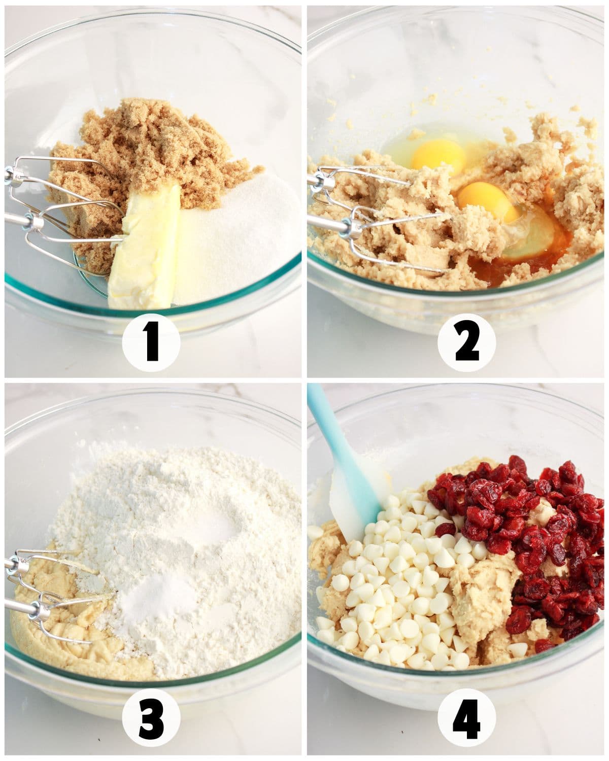 Four-step process: creaming butter and sugars, adding eggs, mixing in flour and baking powder, then folding in white chocolate chips and cranberries to create delicious White Chocolate Cranberry Bars.