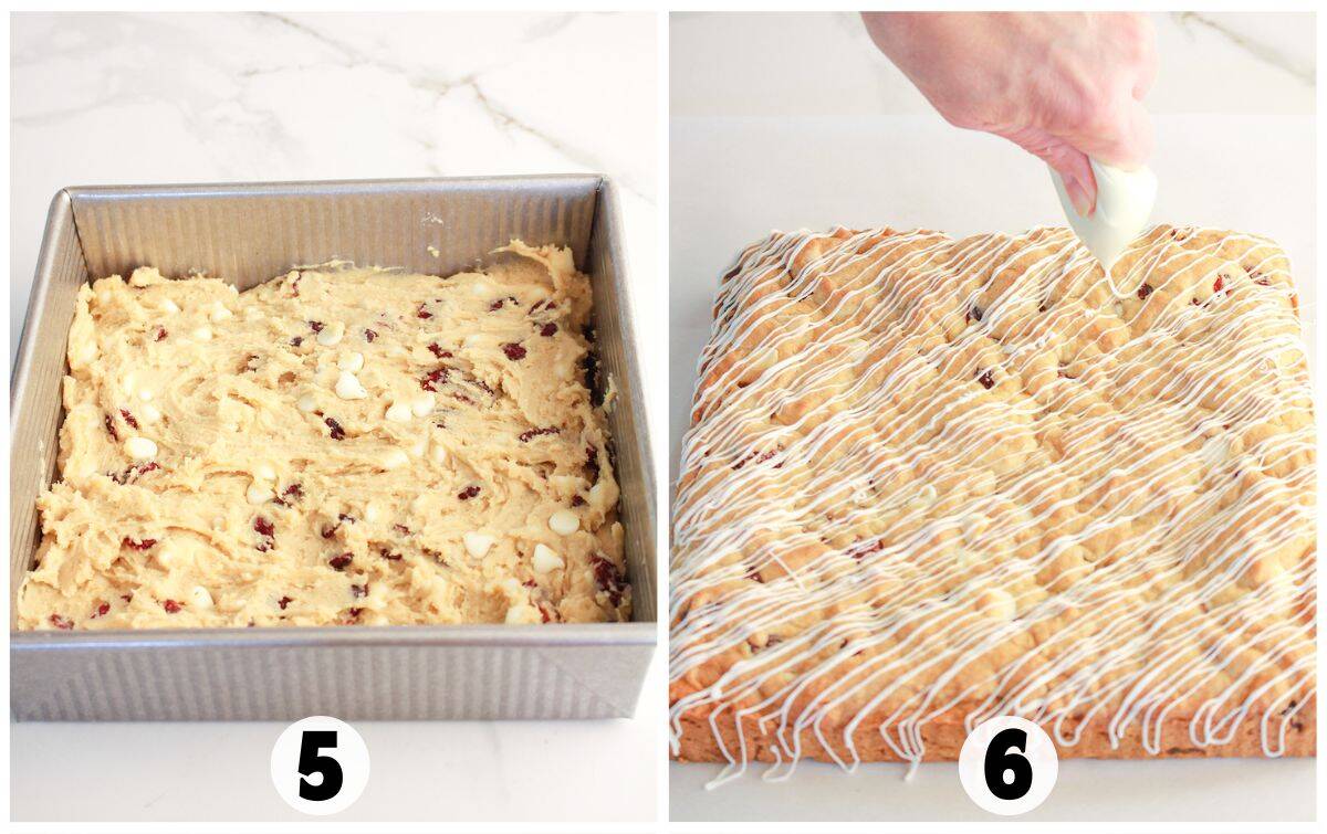 Split image: Left shows unbaked cranberry and white chocolate cookie dough in a square pan labeled “5”. Right shows baked bars being drizzled with white icing, labeled “6”.