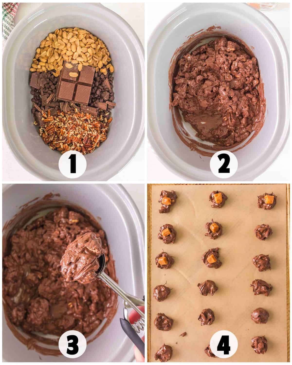 Four-step process for making Crockpot chocolate nut clusters: ingredients added, melted mix stirred, portioned with a scoop, then dropped onto a baking sheet as individual candy clusters.