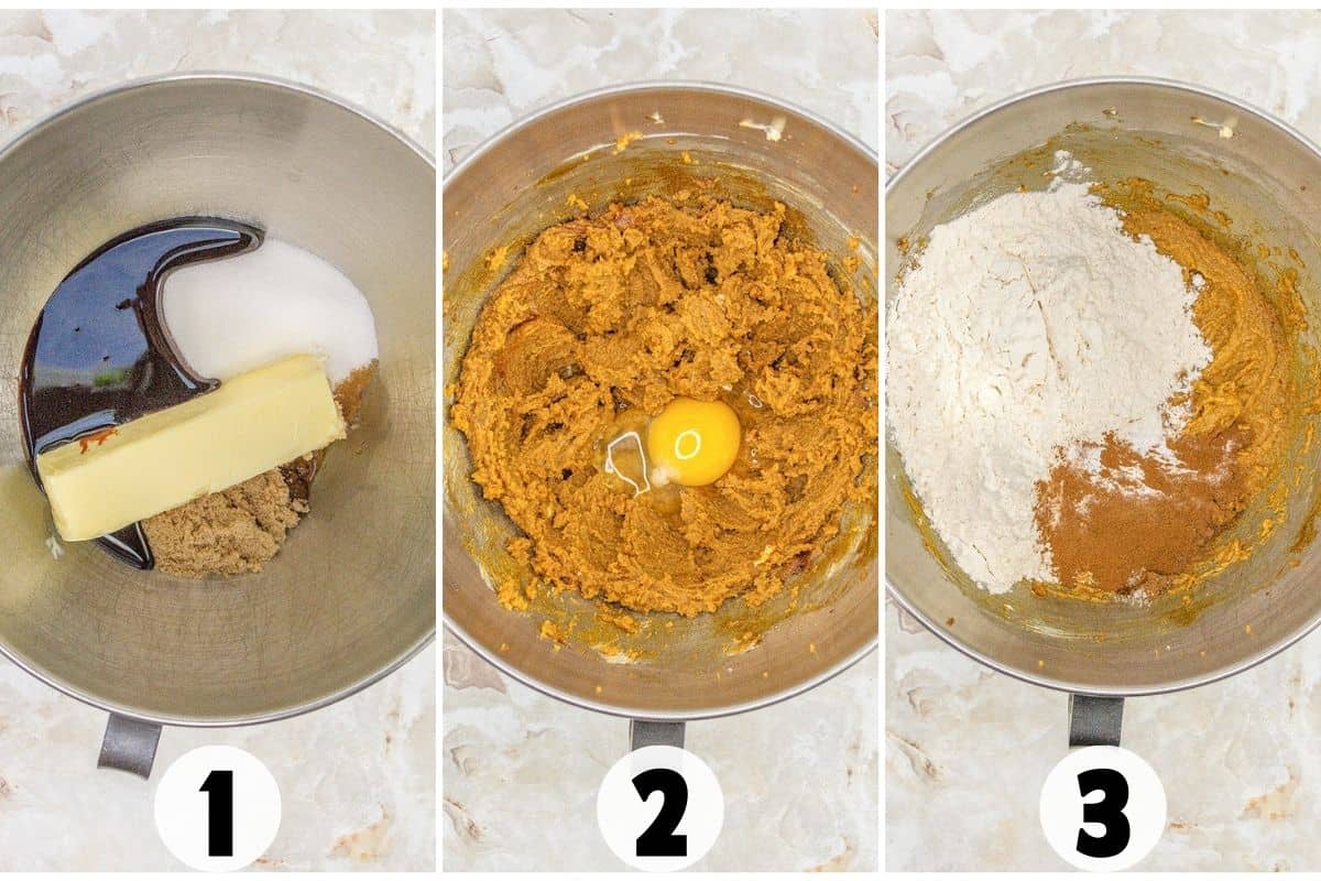 Three side-by-side mixing bowls show steps to make Gingerbread Cookie Bars: butter and sugars, creamed mixture with egg, and mixture with flour and cinnamon, each numbered 1 to 3.