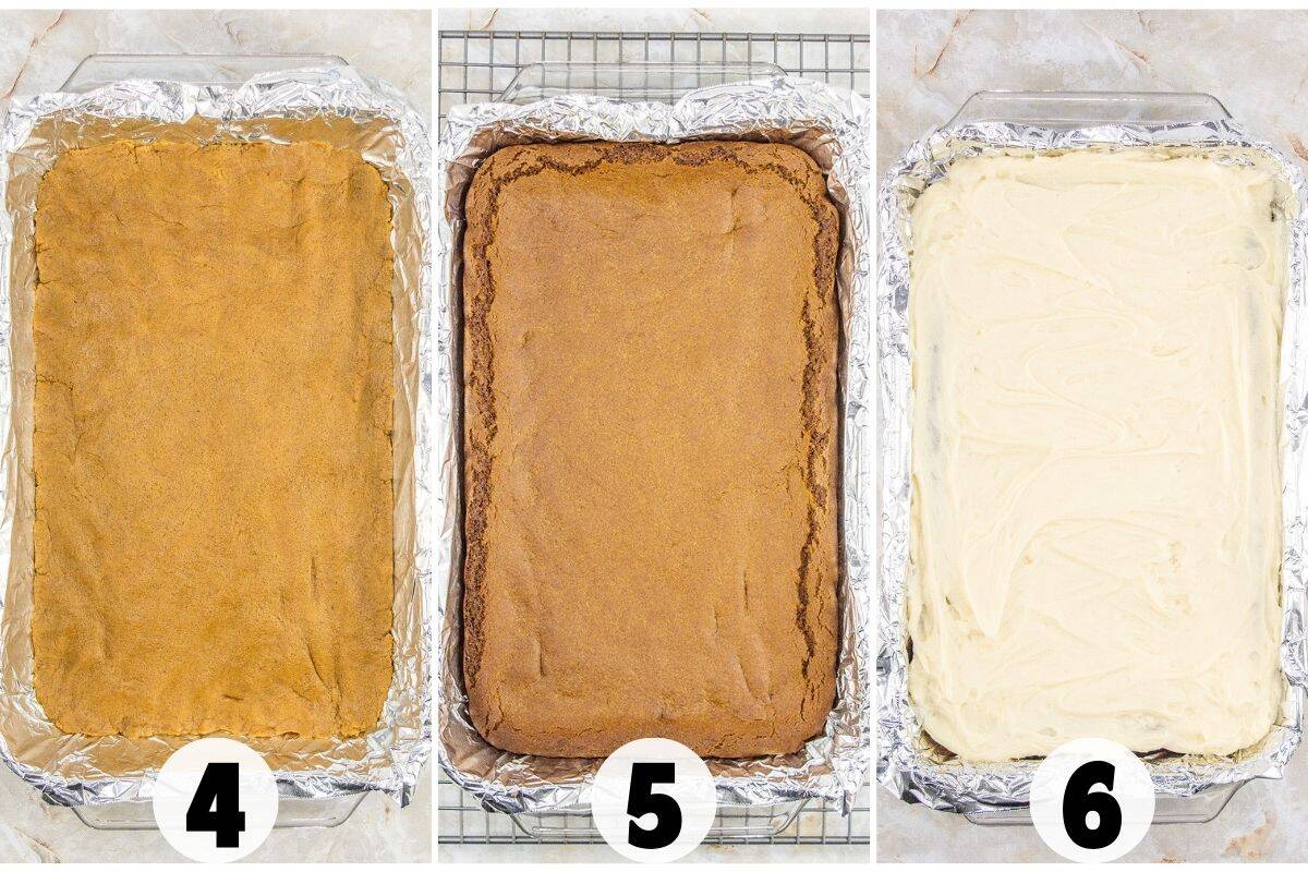 Three side-by-side images show baking steps: a pressed Gingerbread Cookie Bars crust in a foil-lined pan (4), a baked crust (5), and a finished dessert topped with frosting (6).