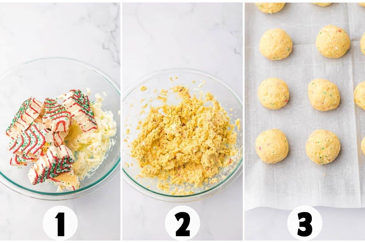 Three-step cookie recipe process: 1) Decorated cookies and butter in a bowl, 2) Mixed cookie dough in a bowl, 3) Dough balls arranged on a parchment-lined baking sheet—perfect for festive treats like Christmas Tree Cake Balls.