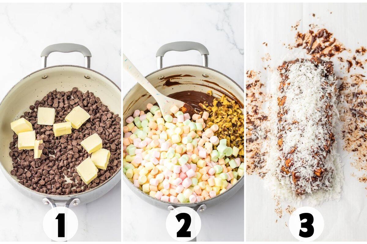 Three-step visual of making Church Window Cookies: 1. Chocolate chips and butter in a pan, 2. Marshmallows and nuts added, 3. Rolled No Bake Cookies coated in shredded coconut on parchment paper.