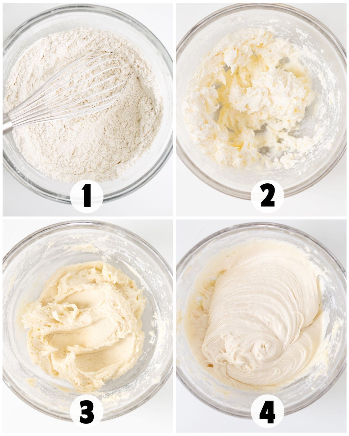 Four glass bowls showing steps of mixing Sugar Cookie Dip: dry ingredients whisked, butter and sugar creamed, eggs mixed in, and smooth batter ready. Each bowl is labeled 1 to 4.