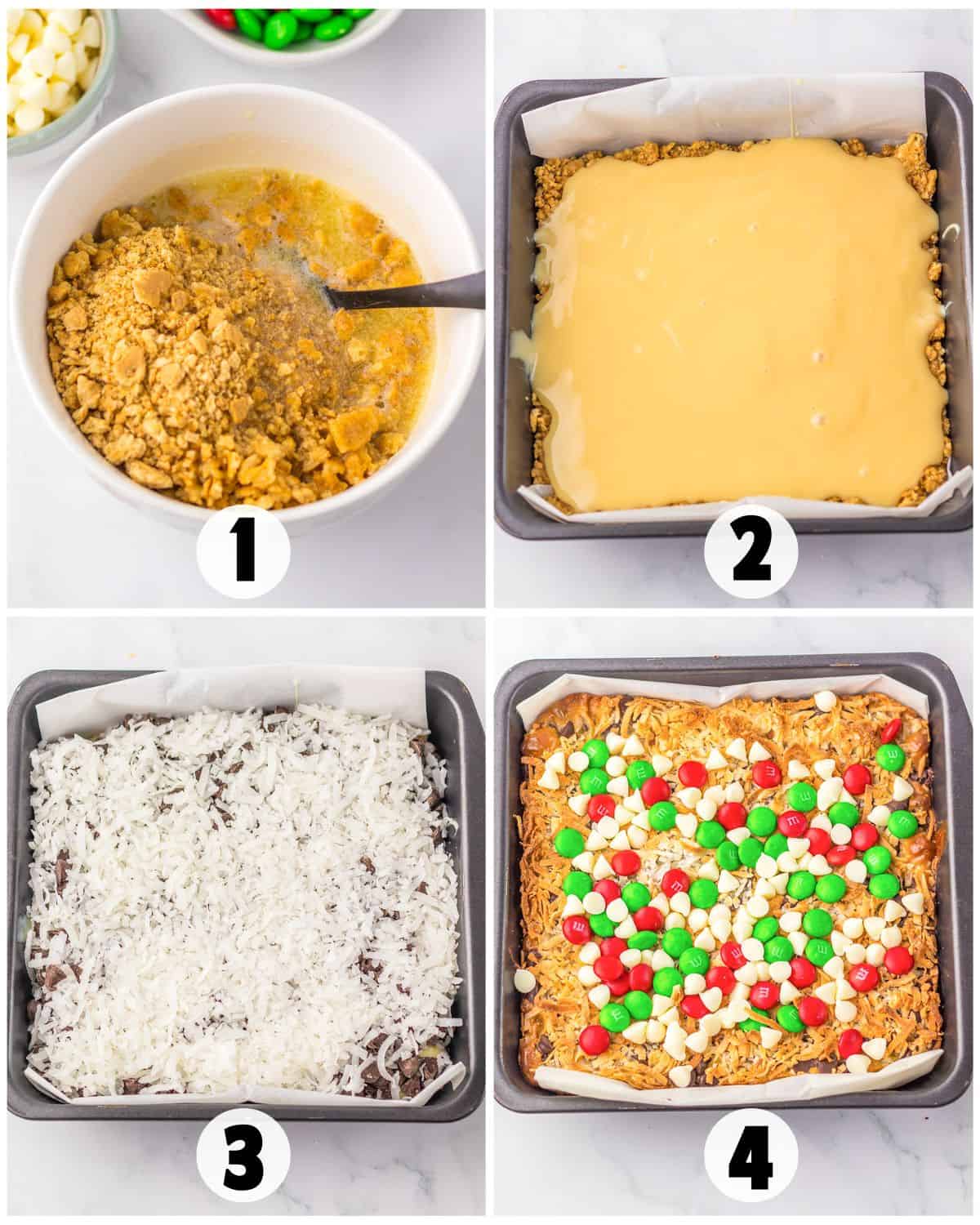 Four-step collage showing: 1) Mixture of crumbs and butter in a bowl, 2) Crust in a pan with condensed milk poured on top, 3) Layer of shredded coconut, 4) Finished Christmas Magic Cookie Bars topped with colorful candies.
